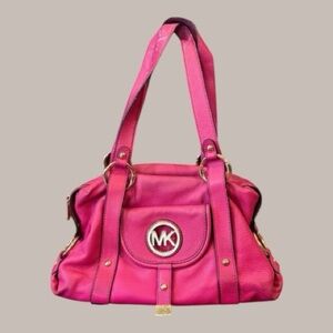 Michael Kors Fuchsia Tote with Gold logo MK designer leather purse handbag